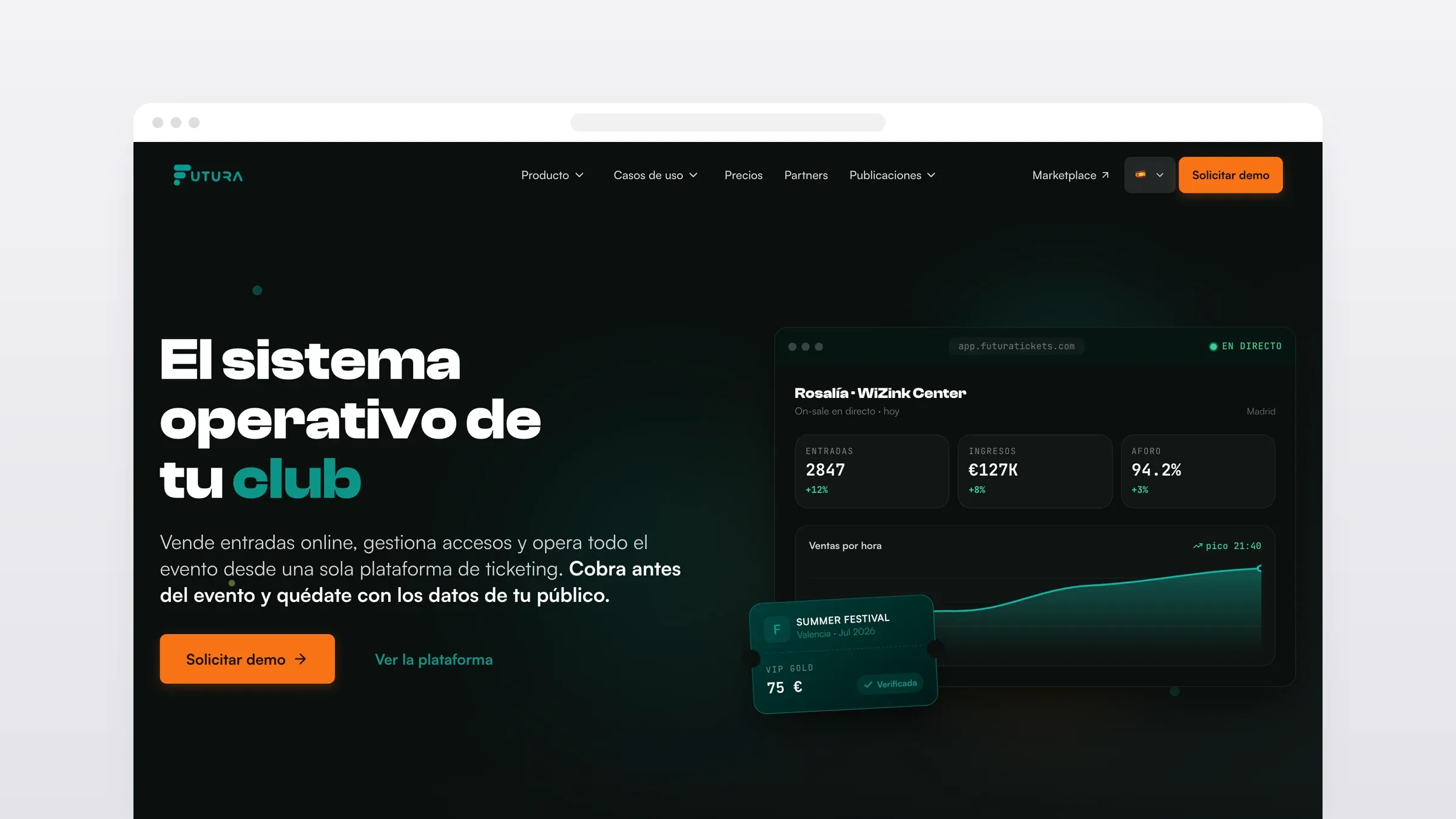 Home page of the Futura Tickets website in a browser window