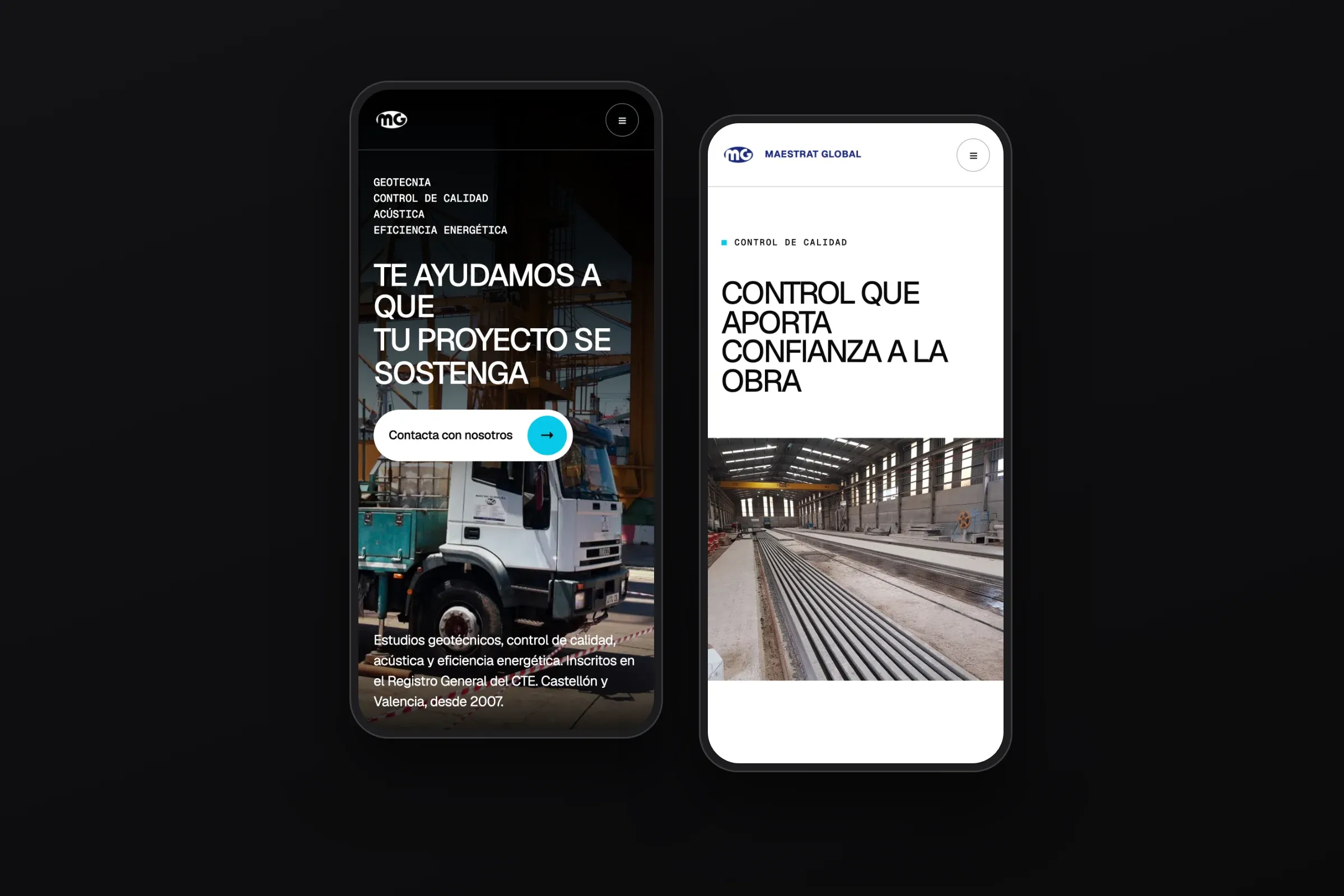 Inici i pàgina de control de qualitat de Maestrat Global en dos mòbils