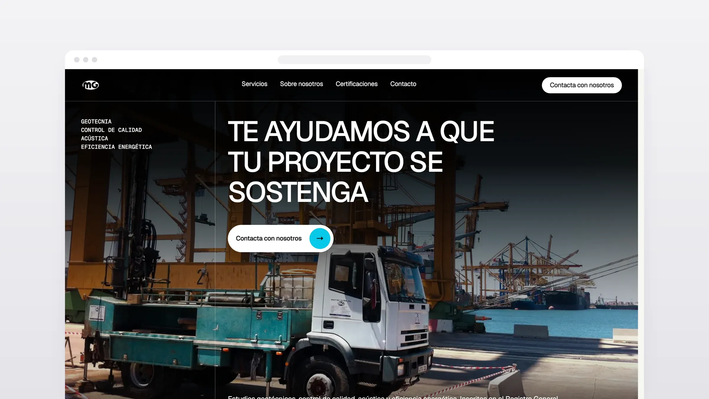 Maestrat Global home page with a drilling truck at the port