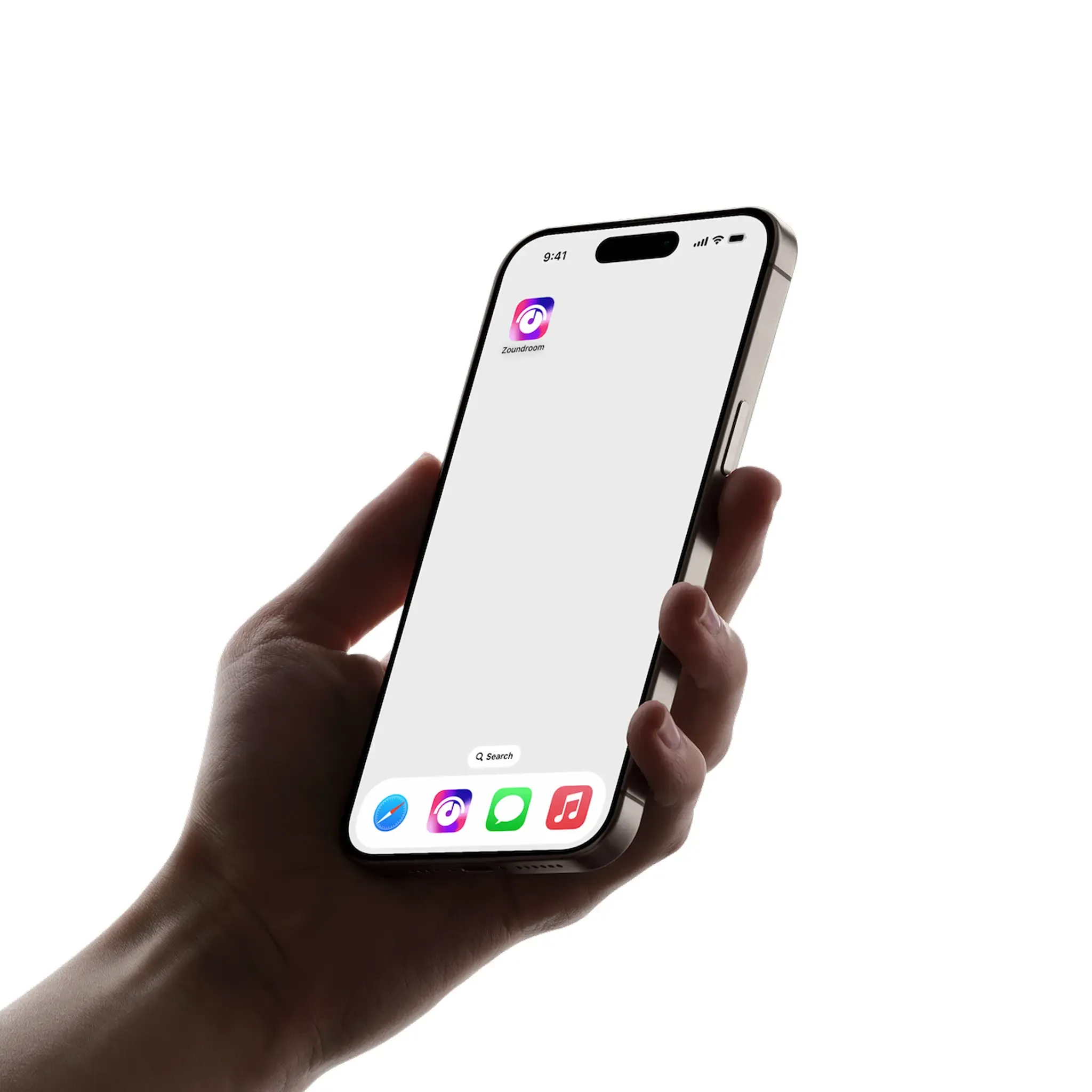 Hand holding a phone with the Zoundroom app